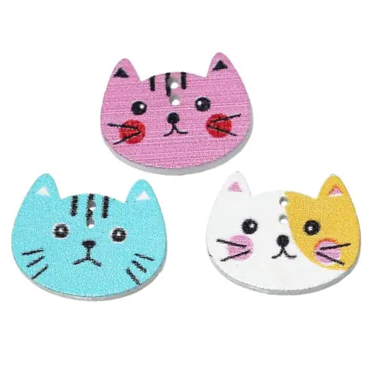 KnitForLess Cat Wooden Buttons Mixed Colours 2 Hole Crafts Knitting 20x16mm Pack of 20