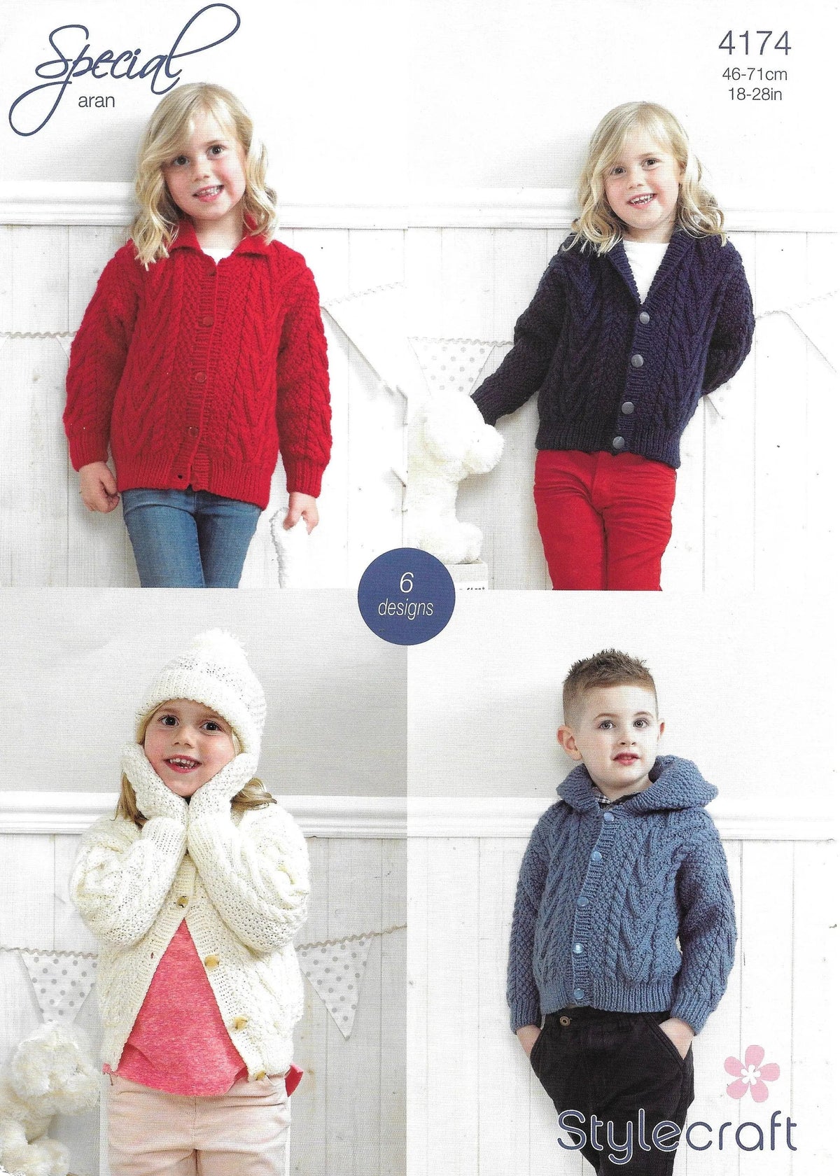 KnitForLess children's aran jacket knitting pattern PDF featuring four kids wearing various textured knit cardigans