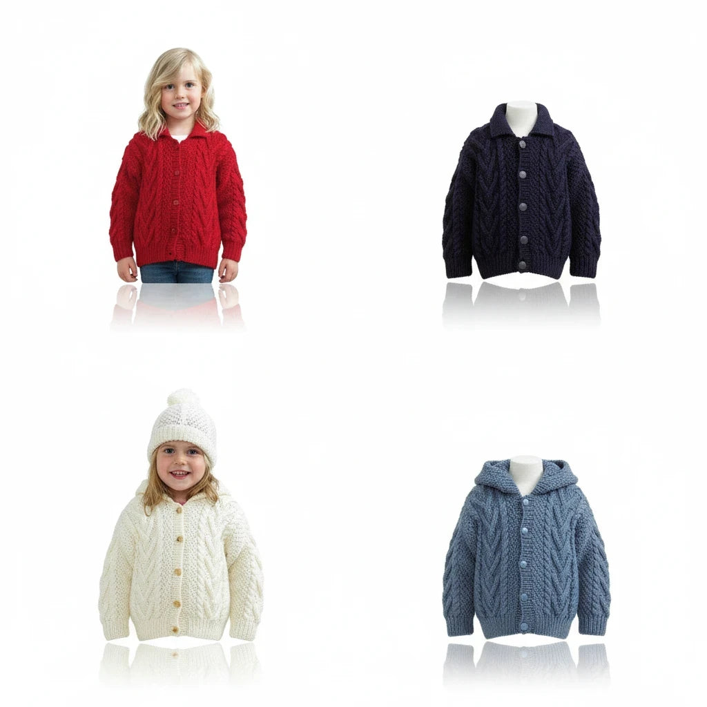 KnitForLess children's aran jacket knitting pattern set featuring textured cardigans, matching cap, and mittens.