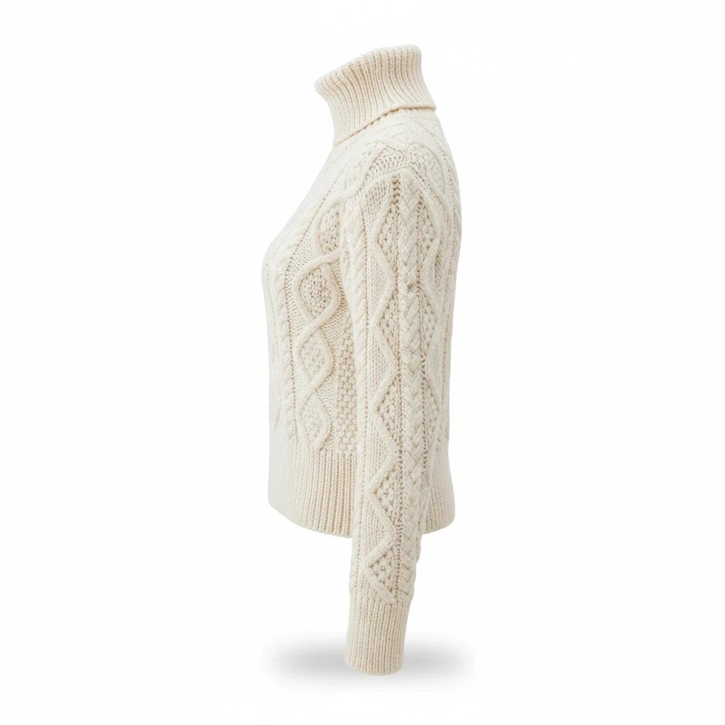 KnitForLess Debbie Bliss vintage cream aran cable knit jumper with a high turtleneck, side profile view.