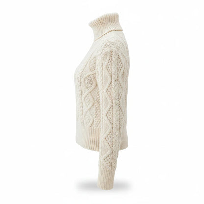KnitForLess Debbie Bliss vintage cream aran cable knit jumper with a high turtleneck, side profile view.