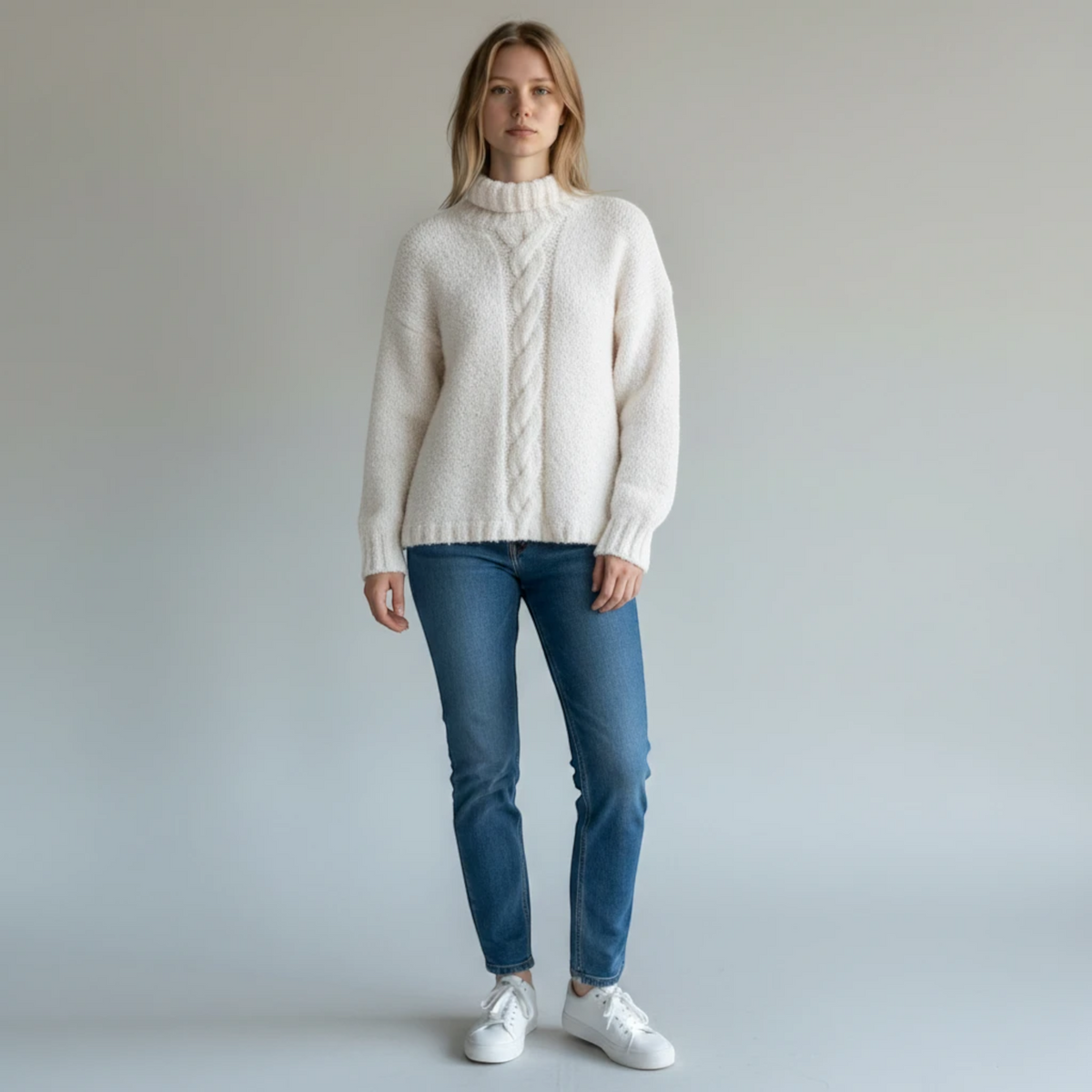 KnitForLess Sirdar Valentino vintage style cream cable knit sweater worn by a woman with blue jeans and white sneakers