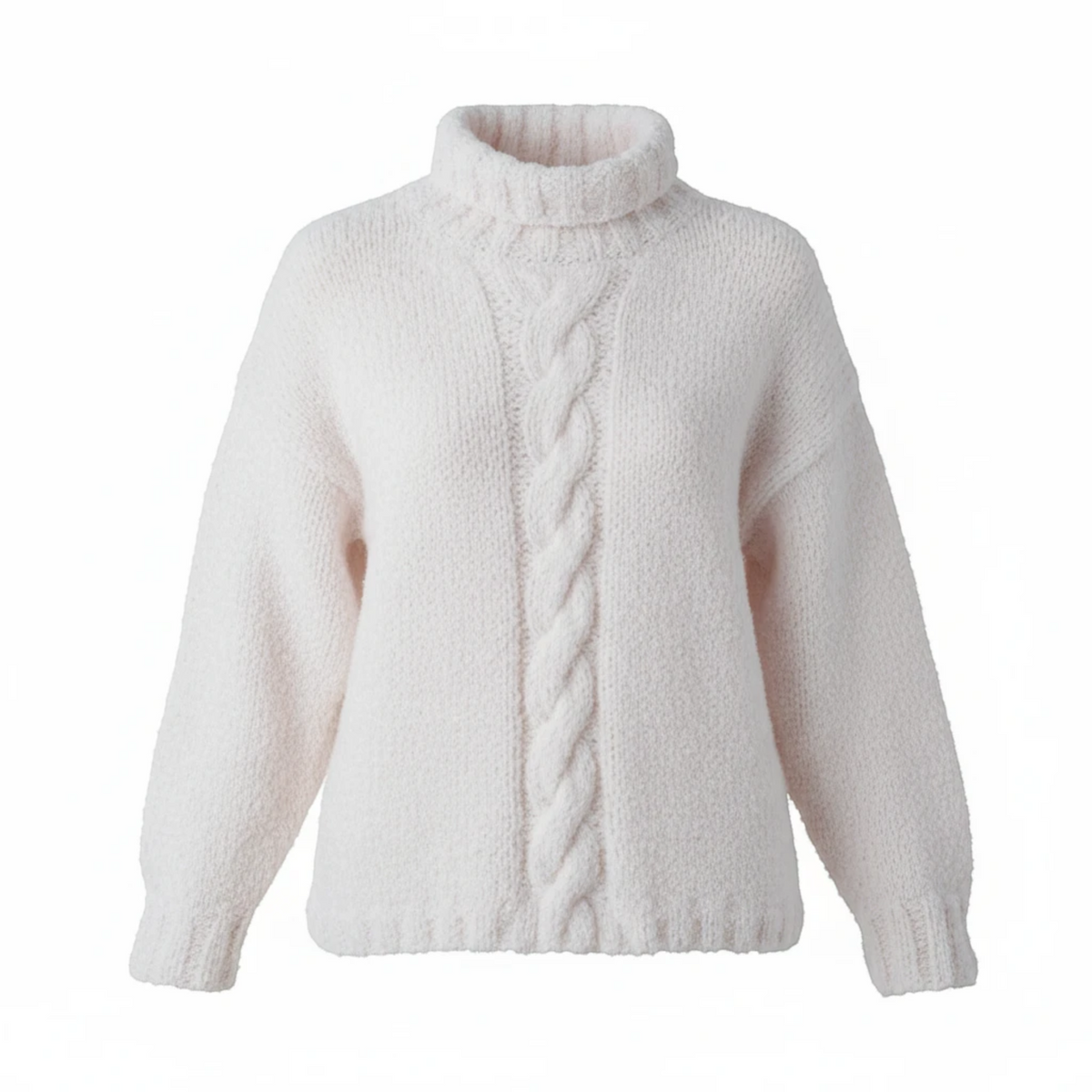 KnitForLess Sirdar Valentino vintage style cream cable knit sweater with a cozy turtleneck design