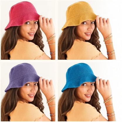 KnitForLess crochet bucket hat pattern shown in four vibrant colors on a smiling woman wearing a beige top