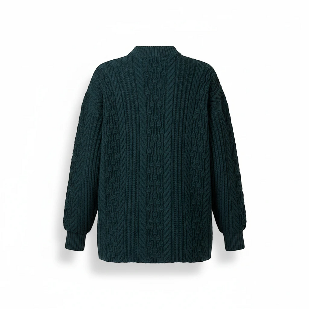 KnitForLess dark green wool sweater with intricate cable knit texture and ribbed cuffs, shown from the back.