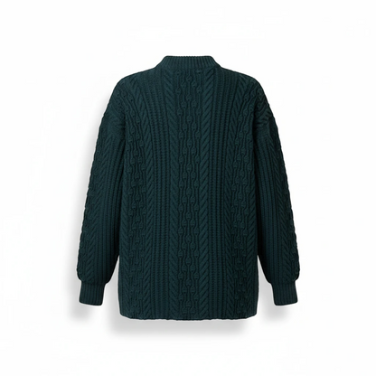 KnitForLess dark green wool sweater with intricate cable knit texture and ribbed cuffs, shown from the back.