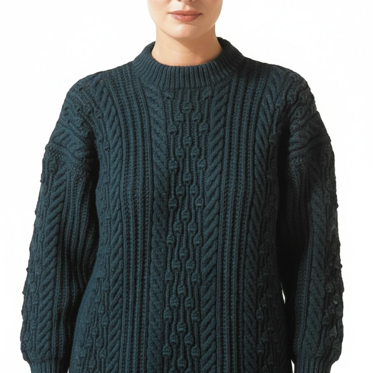 KnitForLess Hayfield DK sweater pattern featuring a dark green wool jumper with intricate cable knit textures.