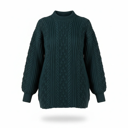 KnitForLess dark green wool sweater with intricate cable knit texture and ribbed mock neck collar