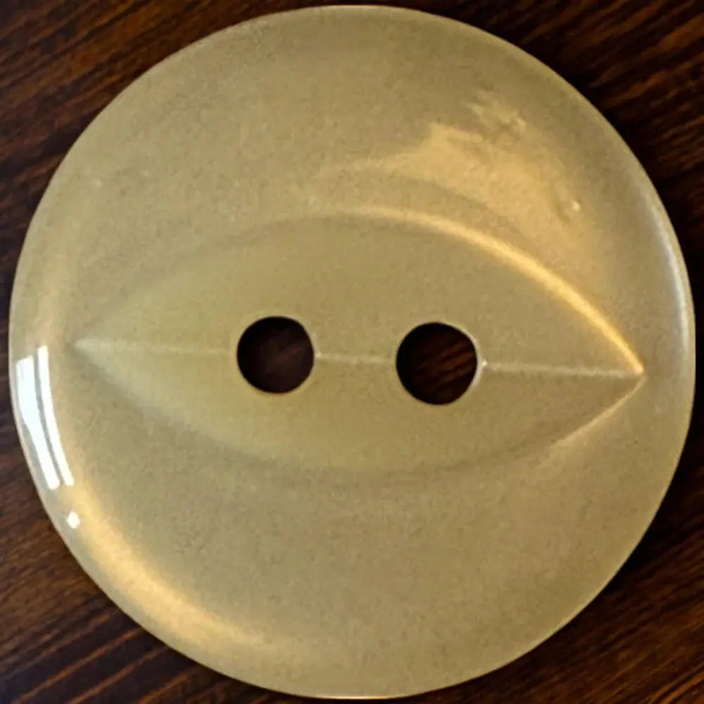 Round, two-hole, yellow button.
