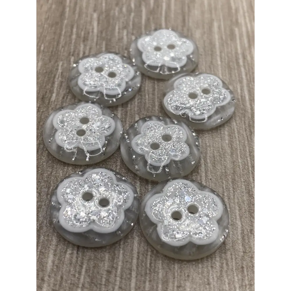 KnitForLess Glitter Silver Flower Buttons 18mm 2 Hole Resin Pack of 10