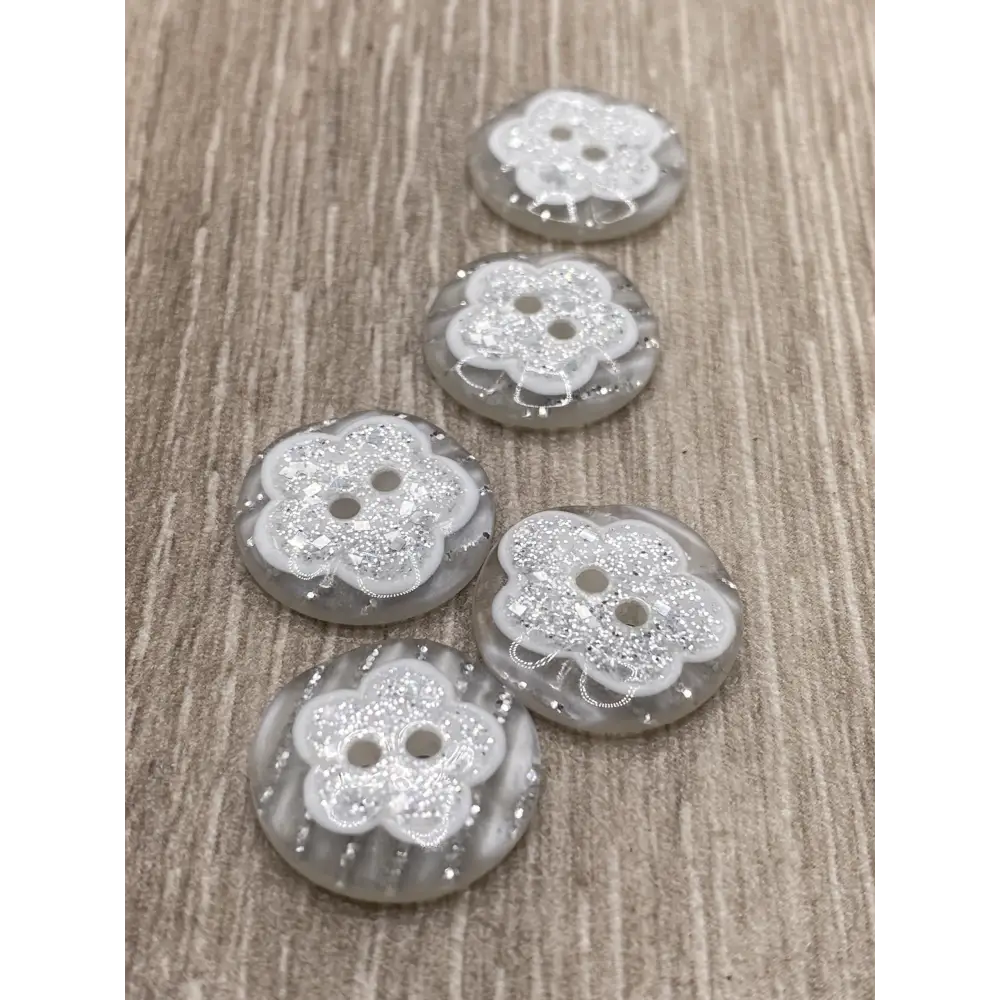 KnitForLess Glitter Silver Flower Buttons 18mm 2 Hole Resin Pack of 10