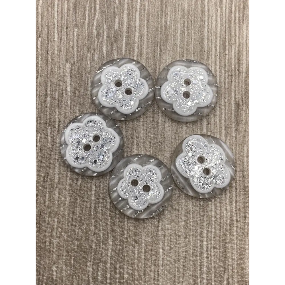 KnitForLess Glitter Silver Flower Buttons 18mm 2 Hole Resin Pack of 10