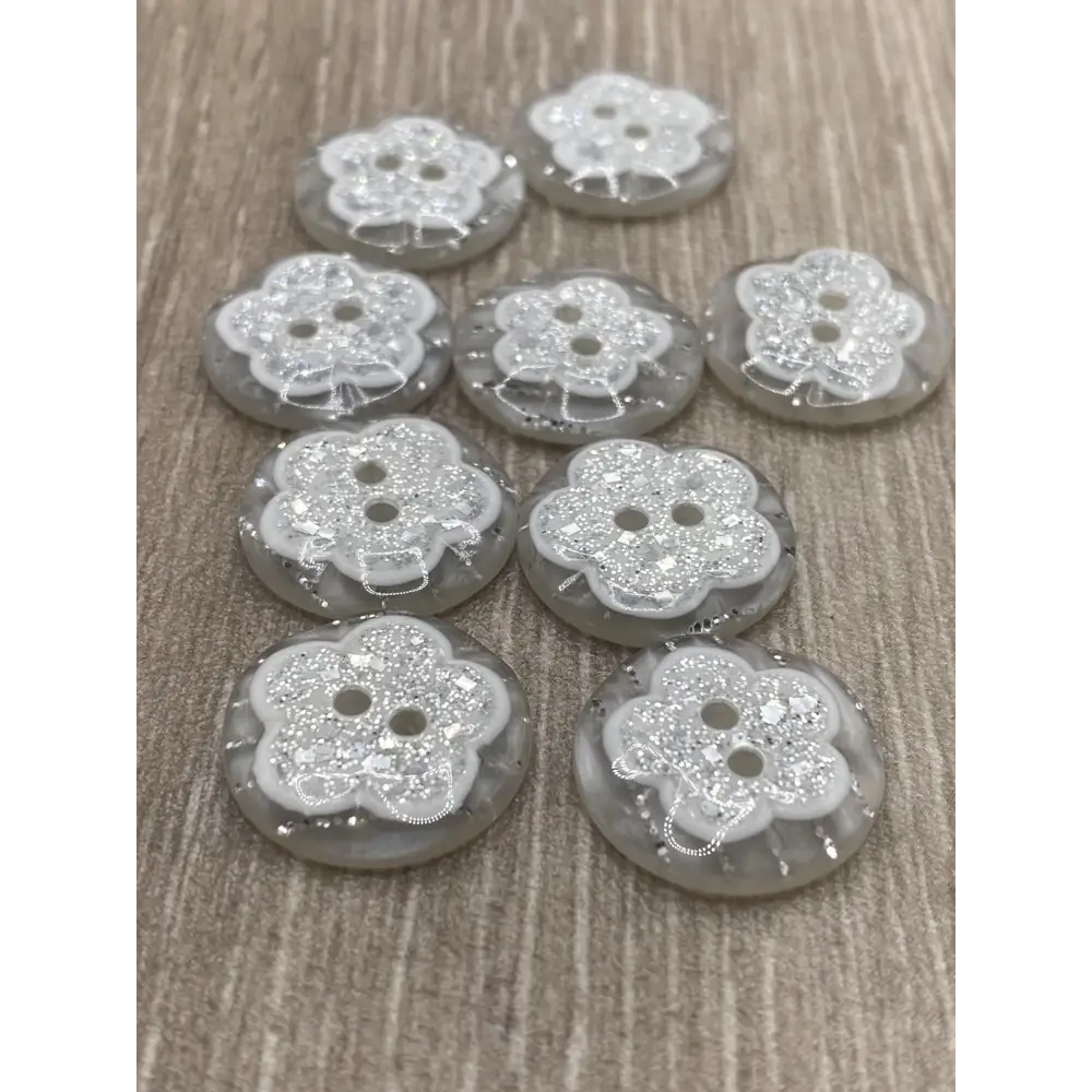 KnitForLess Glitter Silver Flower Buttons 18mm 2 Hole Resin Pack of 10