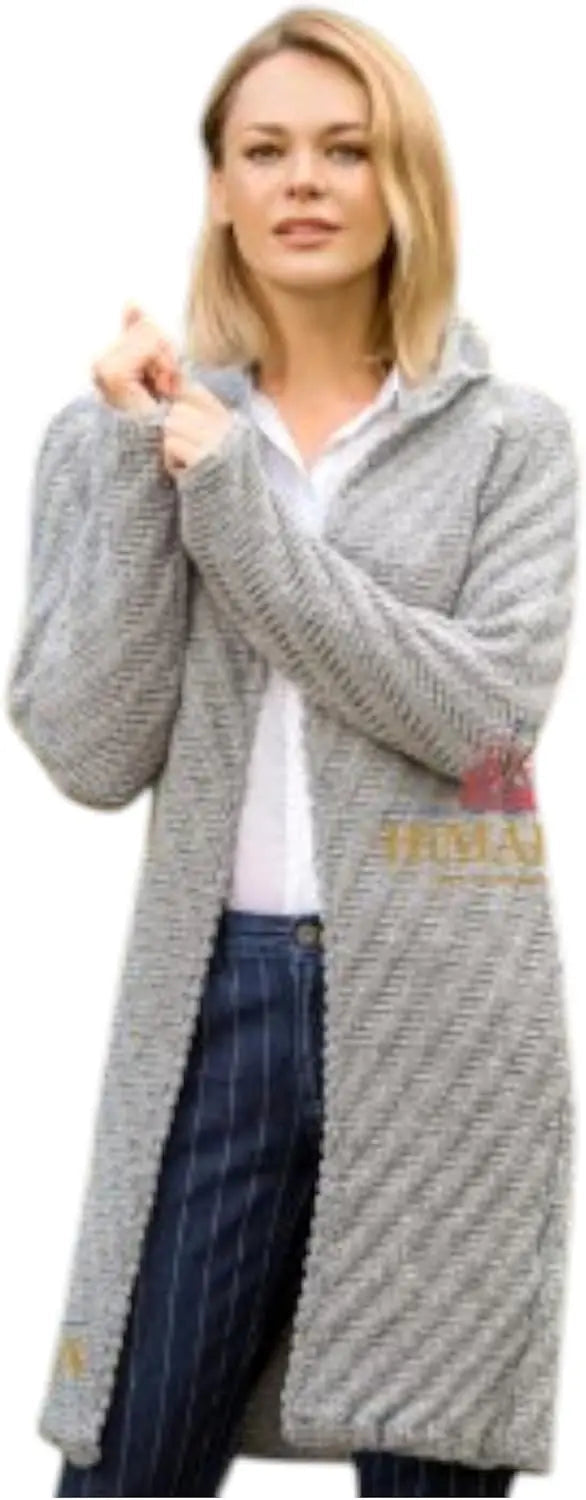 KnitForLess model wearing a grey textured long cardigan made from soft DK yarn, perfect for cozy layering.