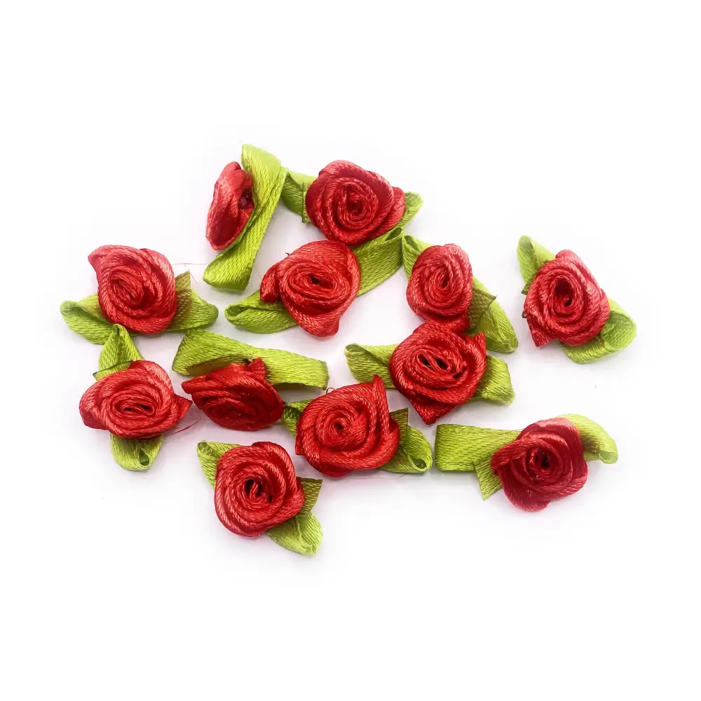 KnitForLess Handmade Red 15mm Mini Rose Satin Ribbon Buds Craft Decorative Flowers