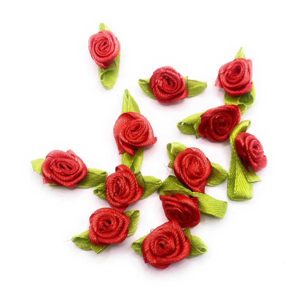 KnitForLess Handmade Red 15mm Mini Rose Satin Ribbon Buds Craft Decorative Flowers