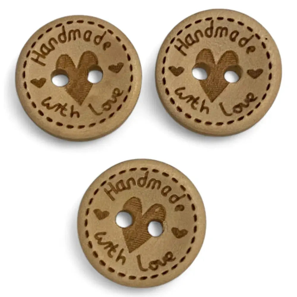 Three brown buttons with heart and text.