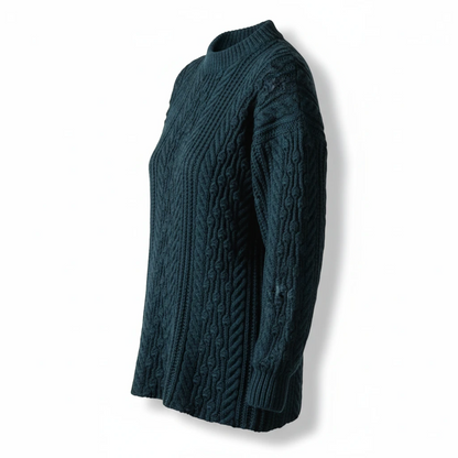 KnitForLess Hayfield DK sweater in dark teal with intricate cable knit texture and ribbed collar