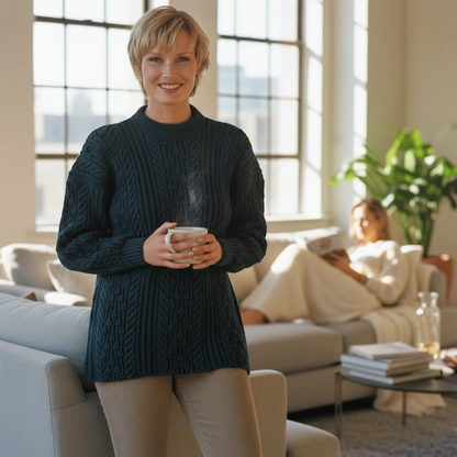 KnitForLess Hayfield DK dark green cable knit wool sweater worn by a woman holding a mug in a bright living room