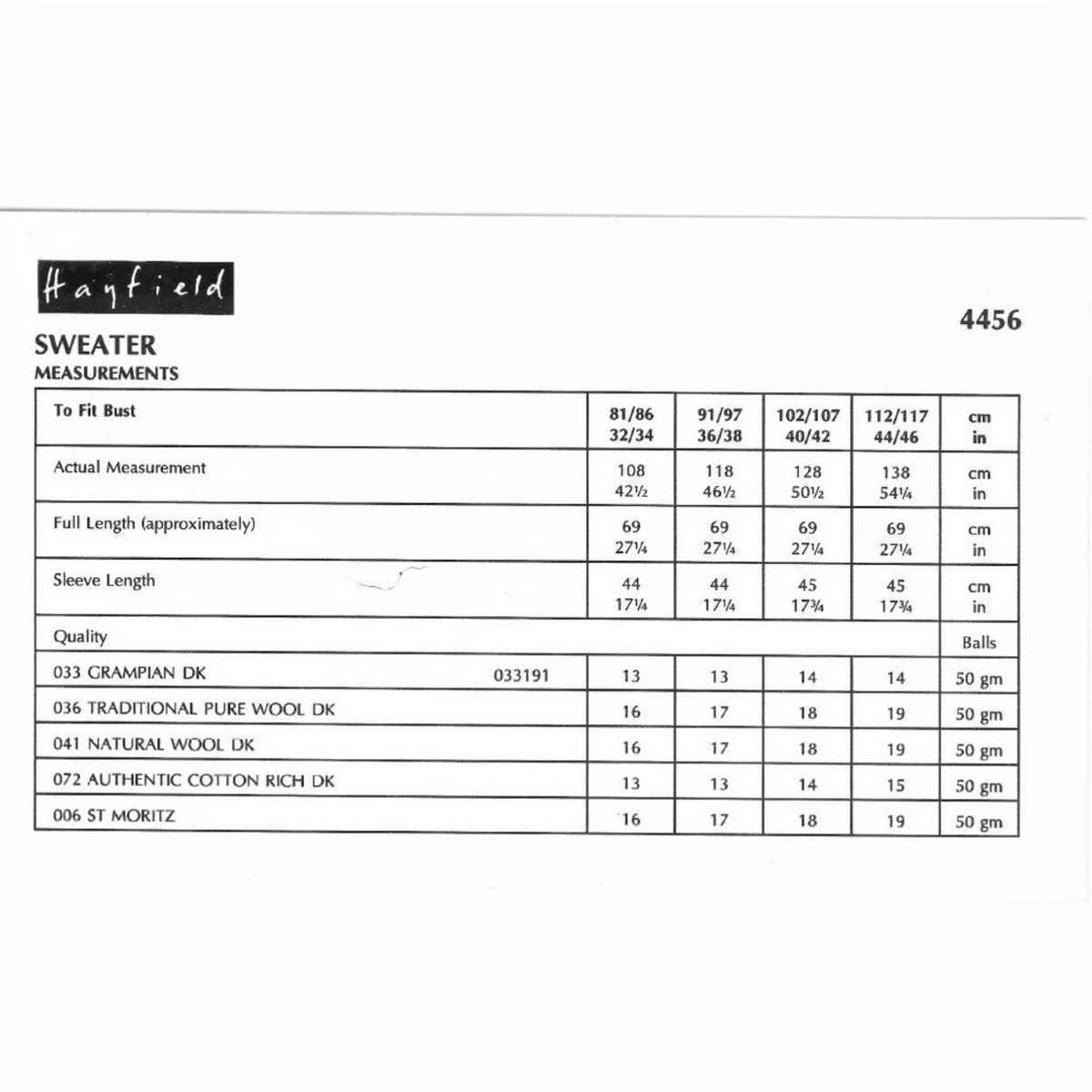 KnitForLess Hayfield DK sweater pattern measurement chart showing sizes, yarn requirements, and garment dimensions.