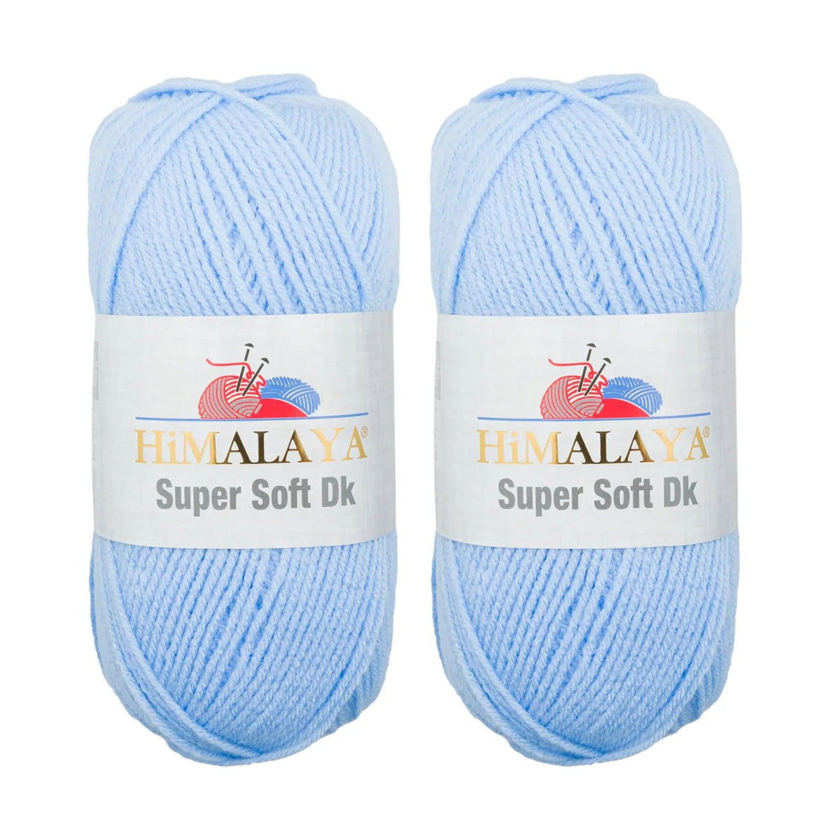 Two skeins of KnitForLess Himalaya Super Soft DK acrylic yarn in baby pink for knitting and crochet projects.