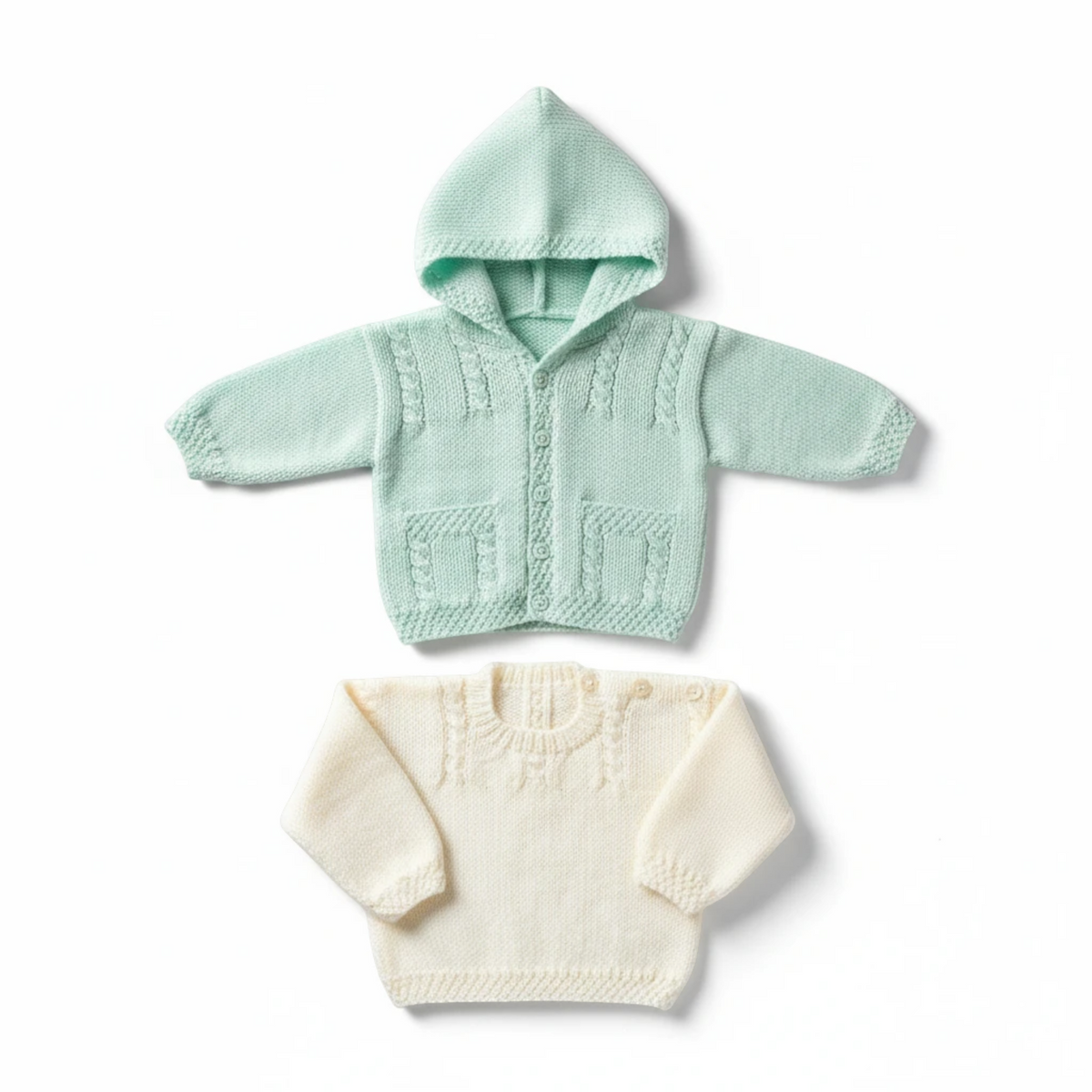 KnitForLess UKHKA knitting pattern for a mint green hooded cardigan and a cream sweater with cable detailing.