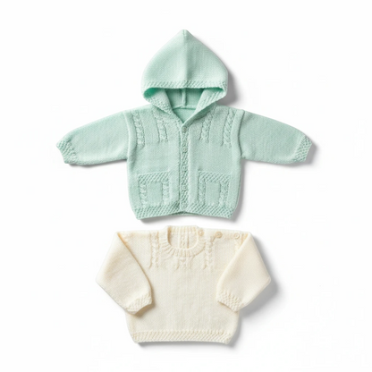 KnitForLess UKHKA knitting pattern for a mint green hooded cardigan and a cream sweater with cable detailing.