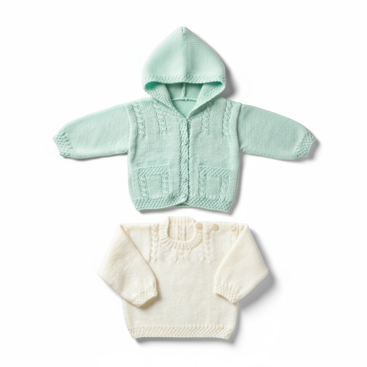 KnitForLess UKHKA knitting pattern for a mint green hooded cardigan and a cream sweater with cable knit details.