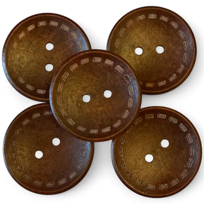 Five brown, two-hole buttons.