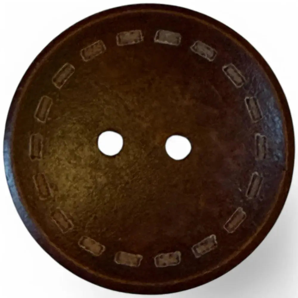 Brown, two-hole button with decorative rim.