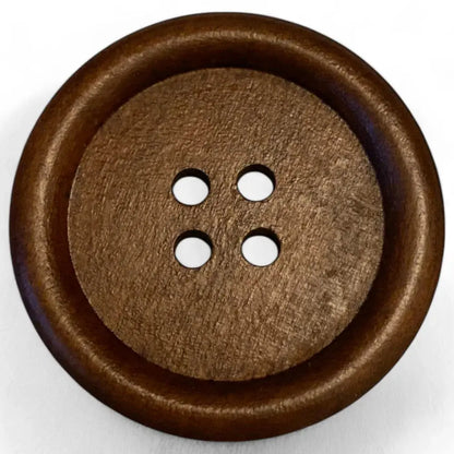Round, brown, four-hole wooden button.