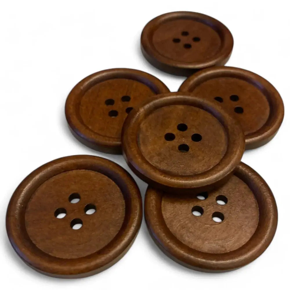 Six brown, four-hole wooden buttons.