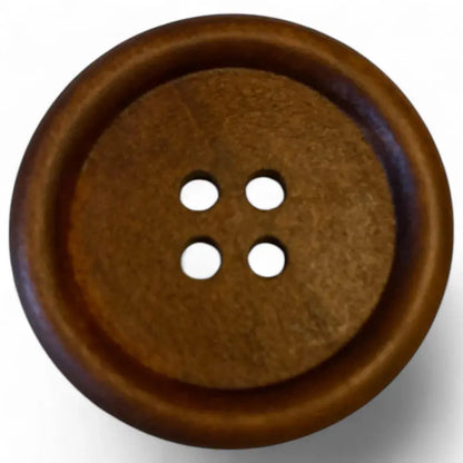 Brown wooden four-hole button.