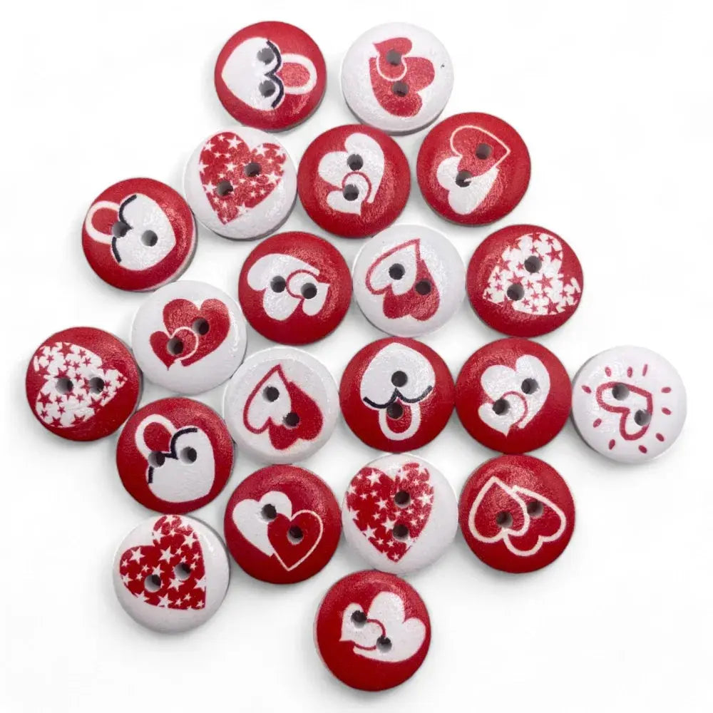 Red and white heart-themed buttons.