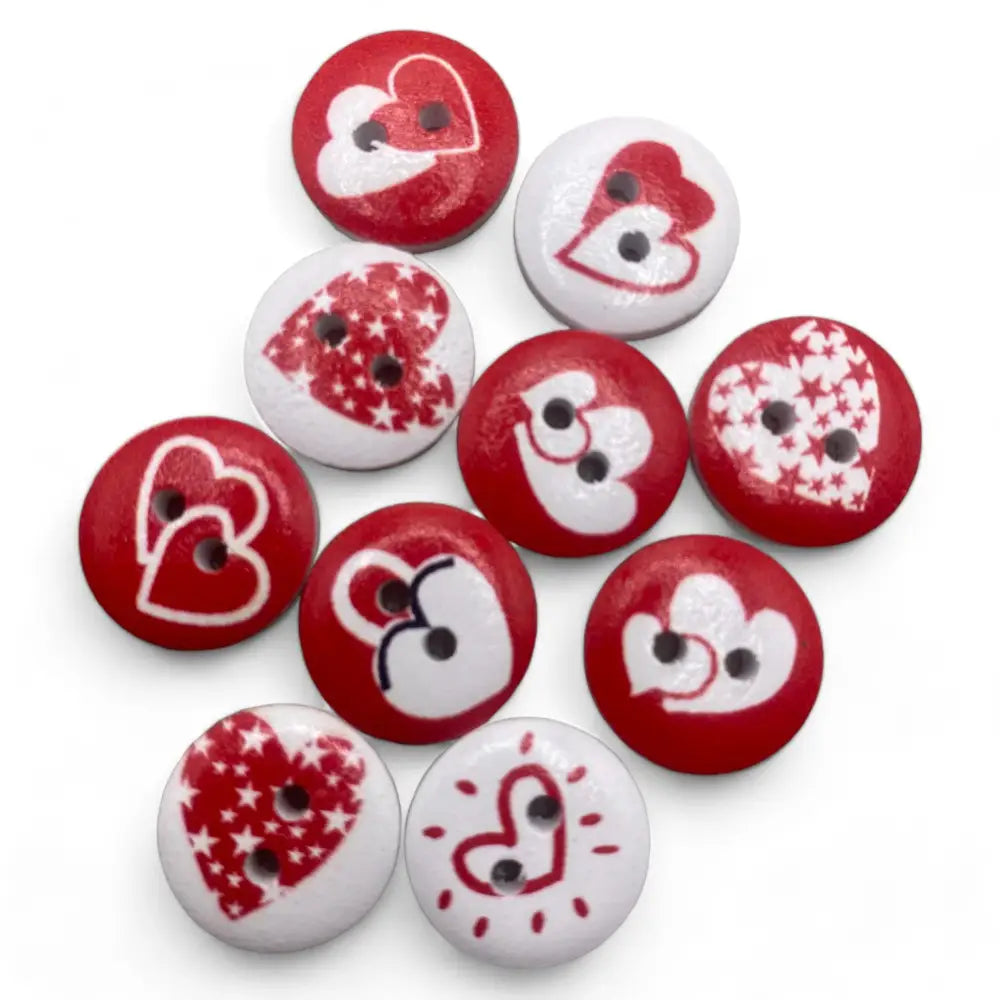 KnitForLess Love Heart Pattern Wooden Buttons 15mm Red and White 2 Hole