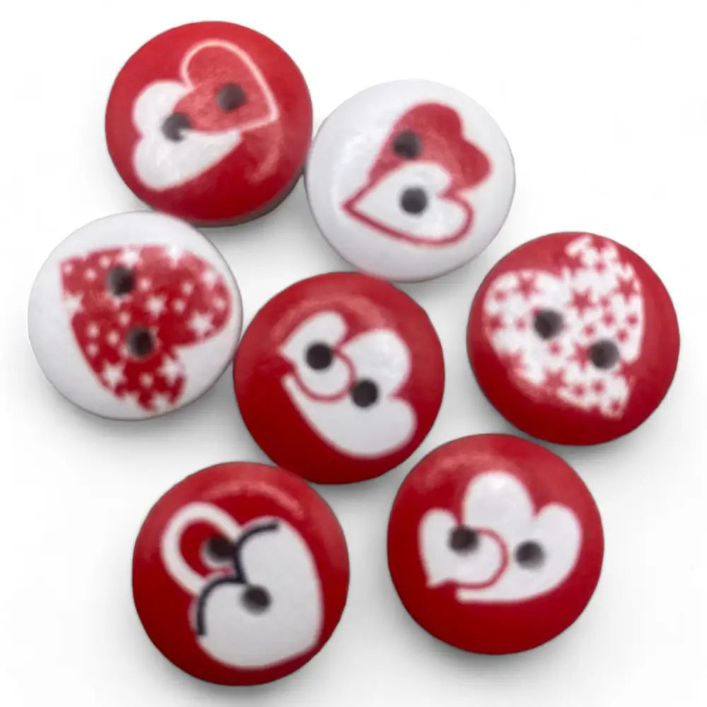 KnitForLess Love Heart Pattern Wooden Buttons 15mm Red and White 2 Hole