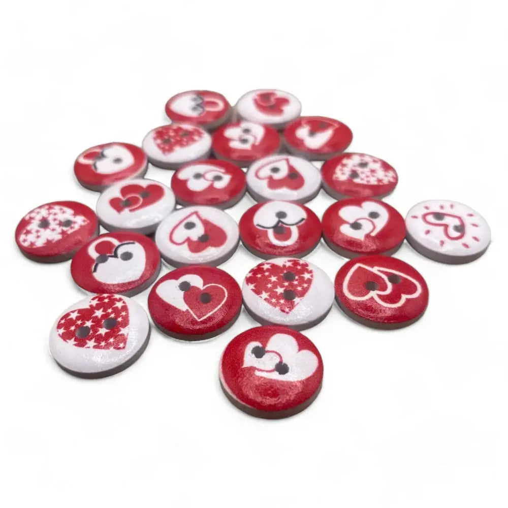 Red and white heart-themed buttons.