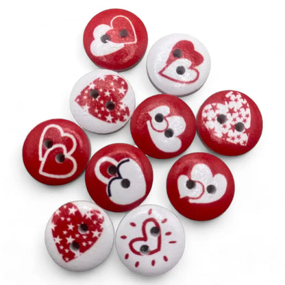 KnitForLess Love Heart Pattern Wooden Buttons 15mm Red and White 2 Hole