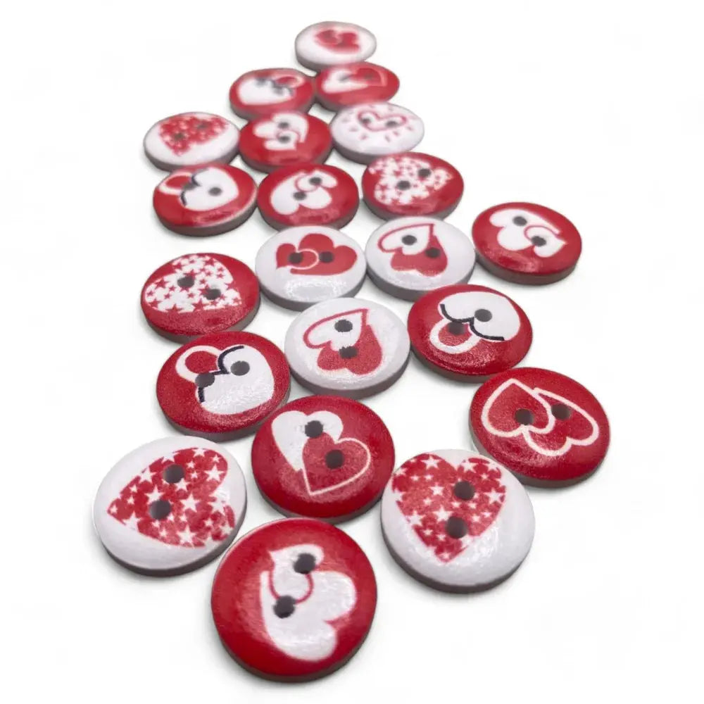 Red and white heart-themed buttons.