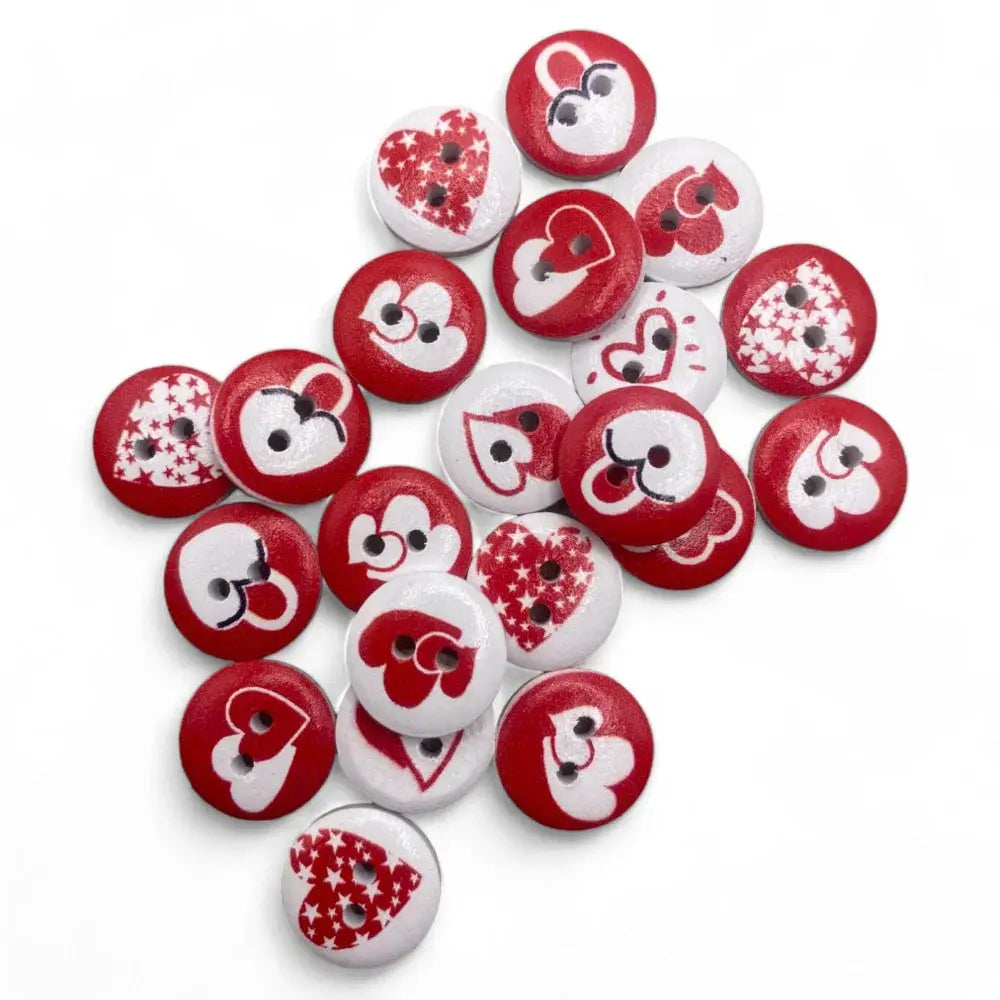 Red and white heart-themed buttons.
