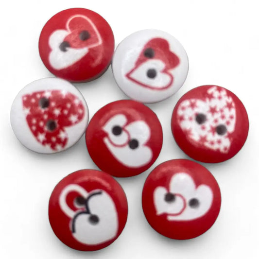 KnitForLess Love Heart Pattern Wooden Buttons 15mm Red and White 2 Hole - 20