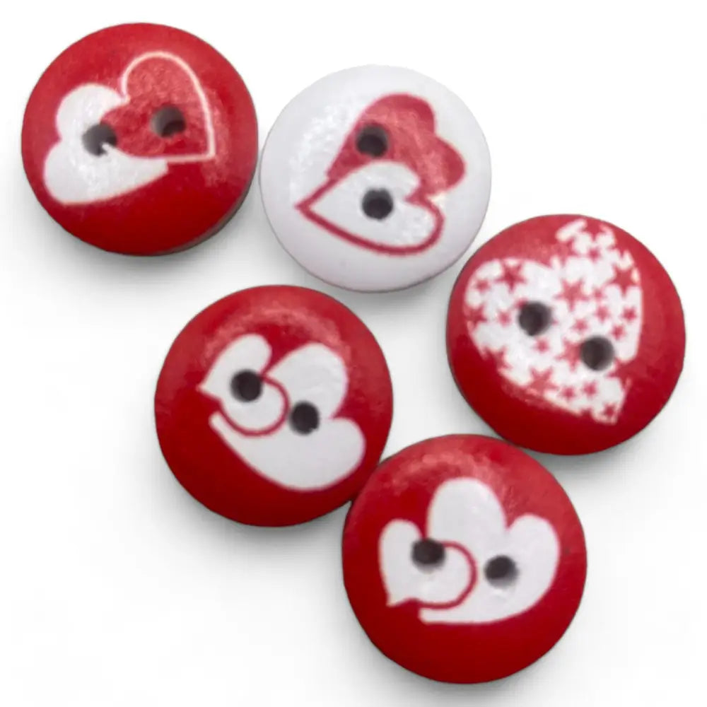 KnitForLess Love Heart Pattern Wooden Buttons 15mm Red and White 2 Hole