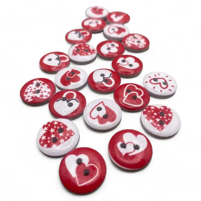 Red and white heart-themed buttons.