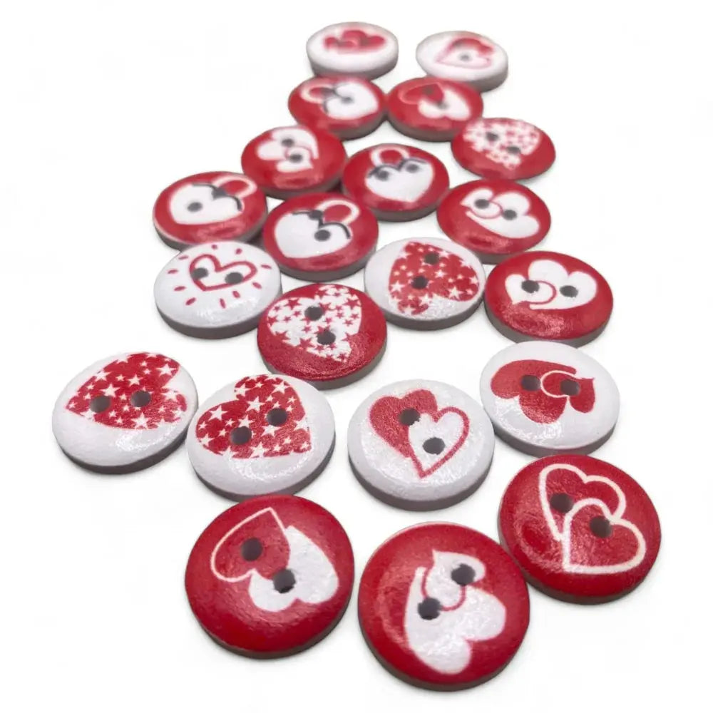 Red and white heart-themed buttons.