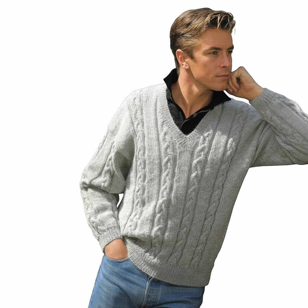 KnitForLess retro cable knit V-neck sweater for men in light grey, worn over a black collared shirt with blue jeans.