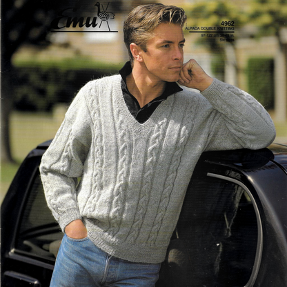 KnitForLess vintage men's grey cable knit V-neck sweater pattern featuring intricate textured cable designs