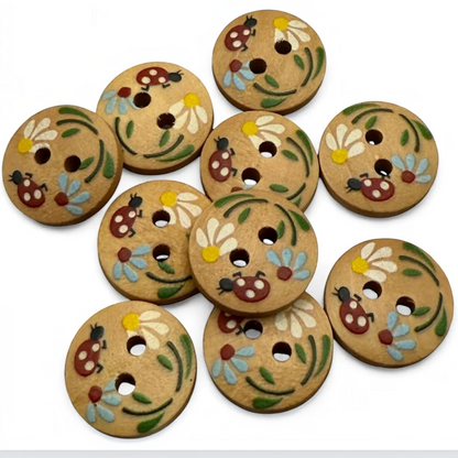 KnitForLess 15mm round natural wooden buttons with hand-painted ladybug and flower designs for children's crafts