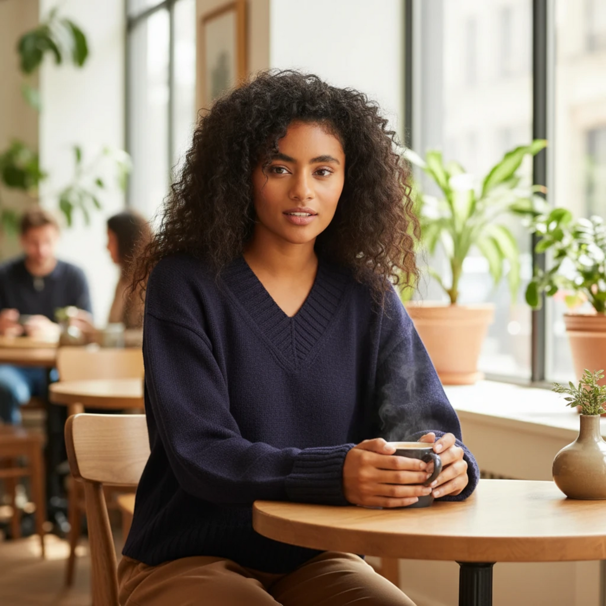 KnitForLess vintage boxy navy blue V-neck sweater with ribbed neckline worn by a woman holding a steaming mug