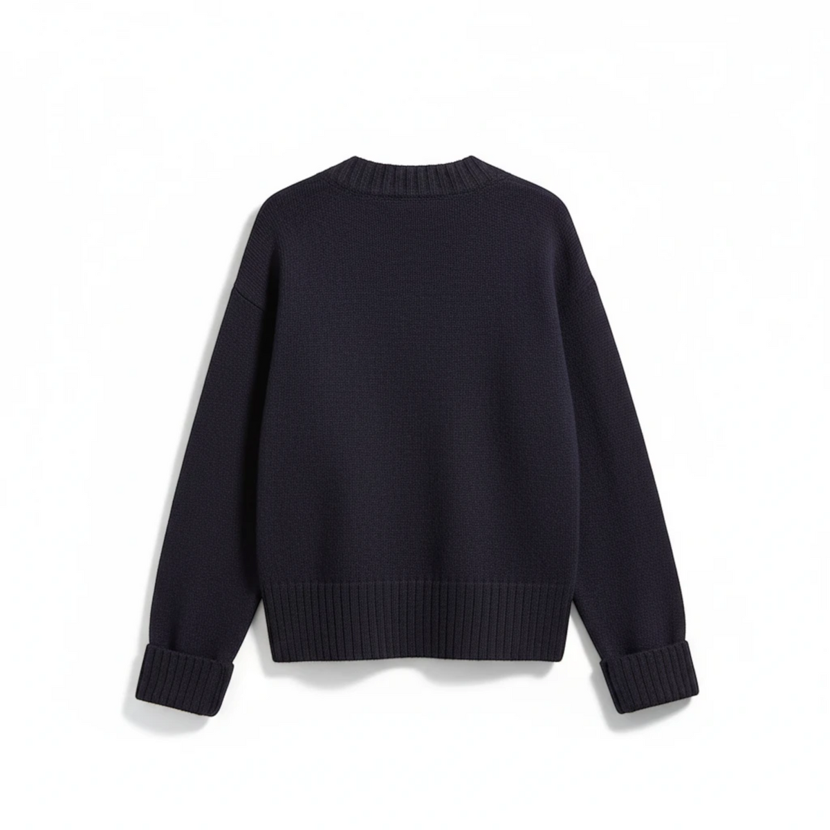 KnitForLess vintage-style navy blue boxy knit sweater with ribbed hem, cuffs, and neckline on a white background.