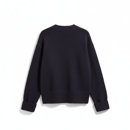 KnitForLess vintage-style navy blue boxy knit sweater with ribbed hem, cuffs, and neckline on a white background.